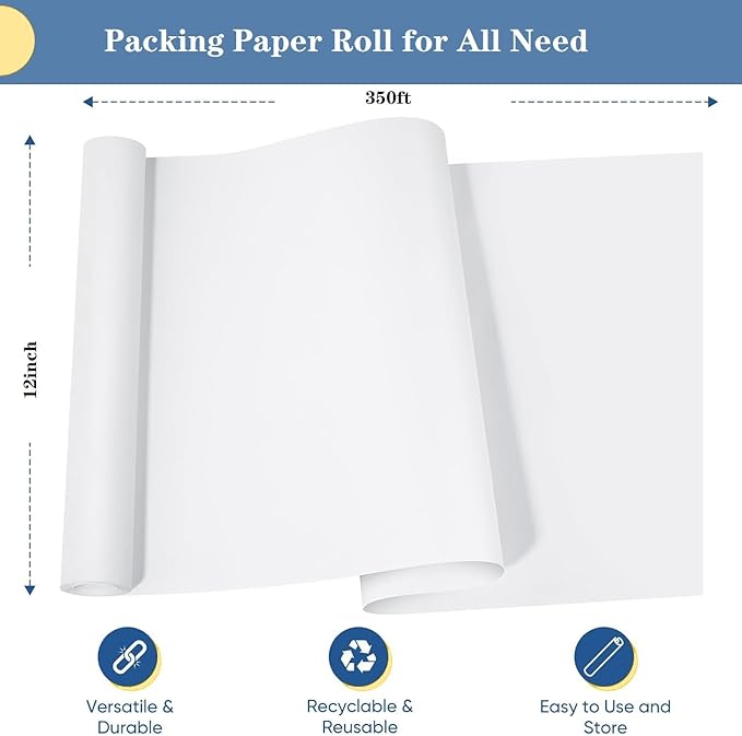White Packing Paper Roll 12”W x 350'L Newsprint Paper Roll for Packing, Moving and Wrapping, Packaging Newsprint for Moving Supplies, Newsprint Paper for Sketching Crafting 1 Pack