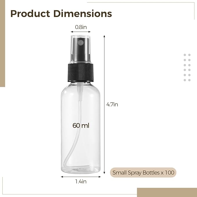 100 PCS Small Spray Bottles 2 oz Bulk - 60 ML Transparent PET Spray Bottles with Black Mist Nozzle Travel-Size, Convenient for Samples Office Home Use
