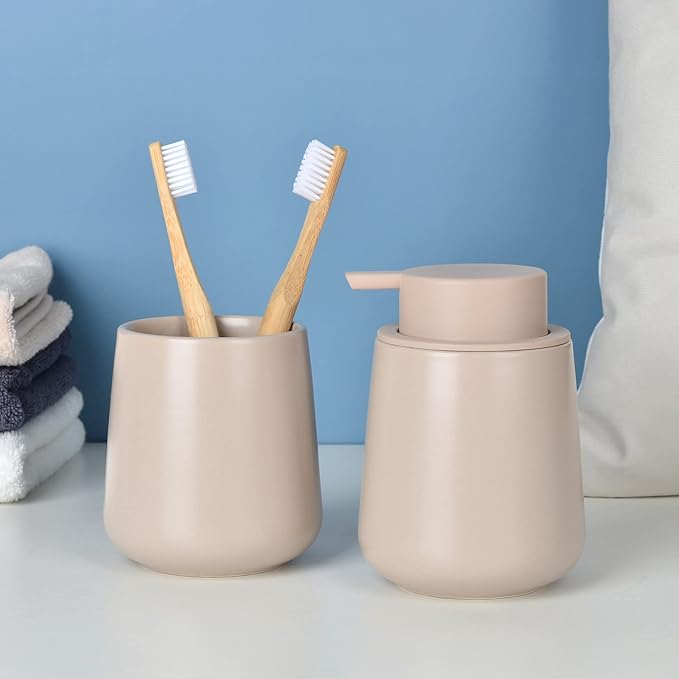 BosilunLife Hand Soap Dispenser - Ceramic Dish Soap Dispenser for Bathroom 12ounce Refillable Liquid Hand Wash Dispenser for Essential Oil, Lotion Soap, Khaki