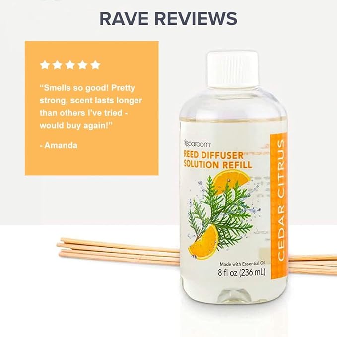 SpaRoom Reed Diffuser Oil Refill – Cedar Citrus Scent, 8oz Bright and Earthy Blend with Lemon Essentials, Invigorating Aroma for Home, Spa, or Office, Long Lasting Fragrance Solution