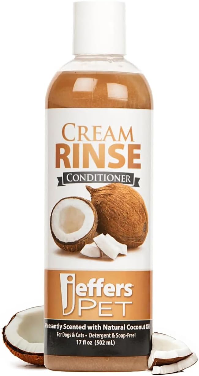 Jeffers Pet Cream Rinse 3 in 1 Conditioner – Moisturizing & Detangling Formula for Dogs & Cats, Coconut Oil Infused, Light Scent, Soap Free, Professional Grooming Made in USA – 17 oz