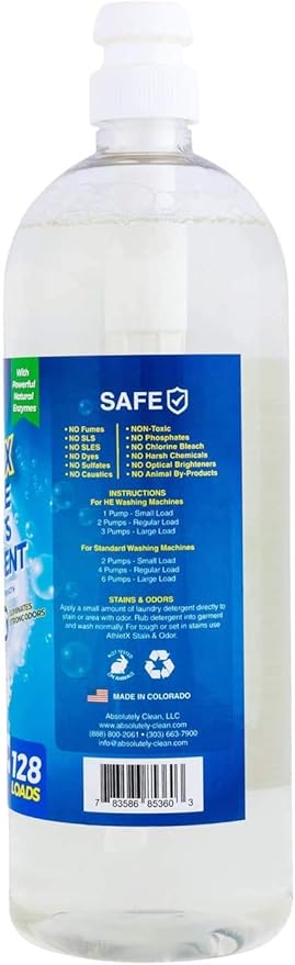 AthletX Amazing Active Wear Sports Detergent (128 Loads) - Powerful Natural Enzymes Eliminate Stain & Odors Making Laundry Athletic Wear Fresh & Clean- USA Made - (32oz Bottle)