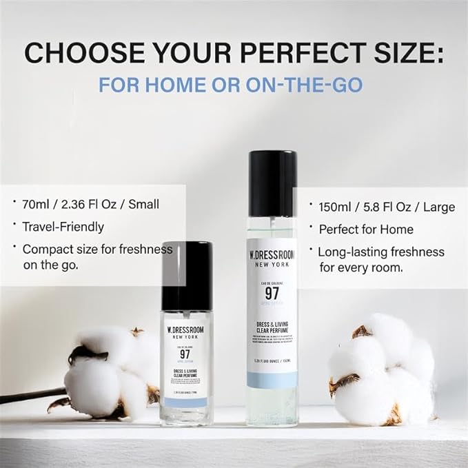 W.Dressroom No.97 April Cotton Living Clear Perfume, Body Mist & Fabric Spray Deodorizer, Alcohol-Free Water-Based, Odor Neutralizer for Clothes, Bedding & Room, Travel Size 2.36 oz