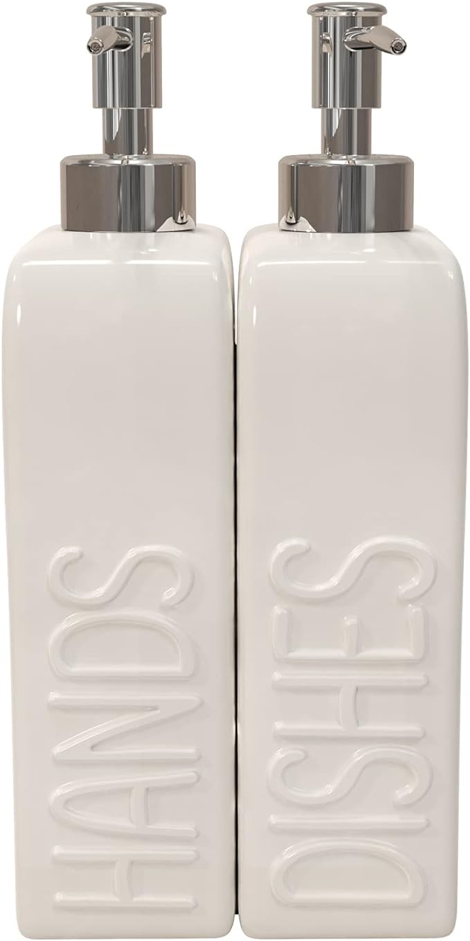 Soap Dispenser Set with Stainless Steel Pump, 2 Pack Ceramic Refillable Dish Soap and Hand Soap Dispenser for Kitchen, Bathroom, Matte White