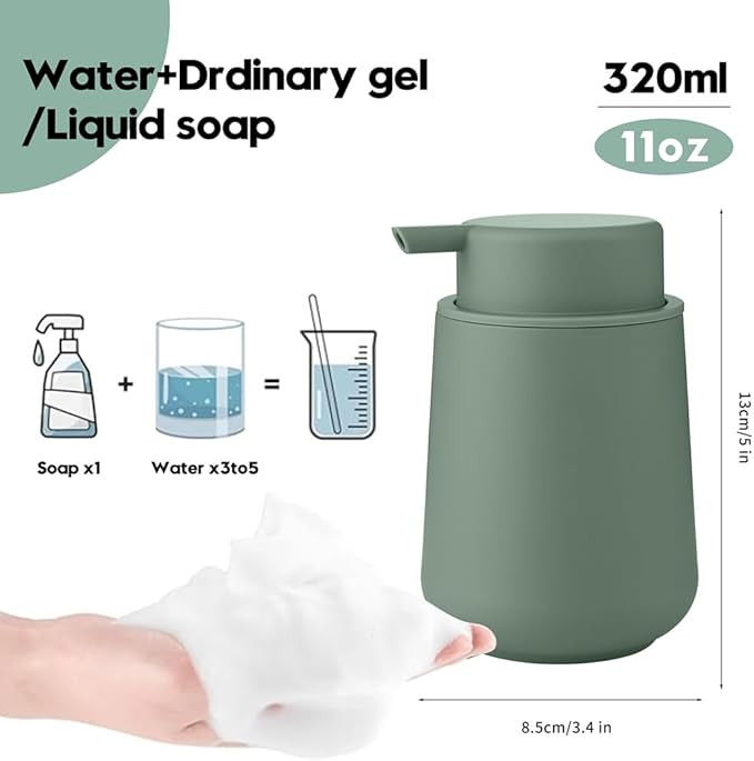 Sage Green Foaming Hand Soap Dispenser Plastic 11 oz - Modern Minimalist Style for Bathroom & Kitchen Countertop Refillable