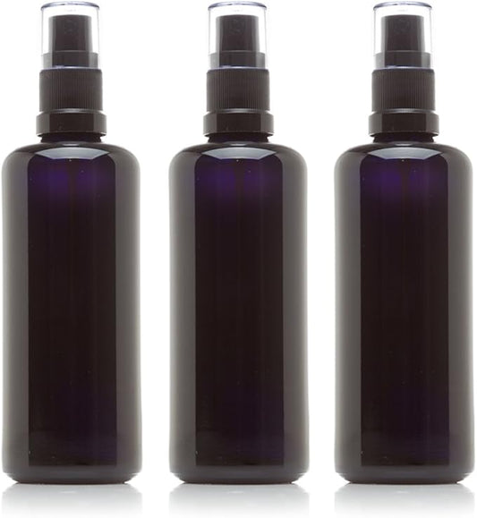 Infinity Jars 100 Ml (3.4 fl oz) Black Ultraviolet Glass Fine Mist Spray Bottle Cleaning Products Refillable Containers Homemade Perfume Blends Room, Sprays Bath Beauty Hair, Screw Top Bottles 3-Pack