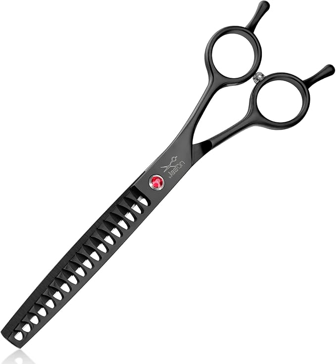 JASON 7.5" Dog Grooming Scissor - Professional Thinning Chunker Shear with 18 Teeth Japanese Stainless Steel Hair Scissors for Dogs, Cats and Other Pets (Chunker, Black)