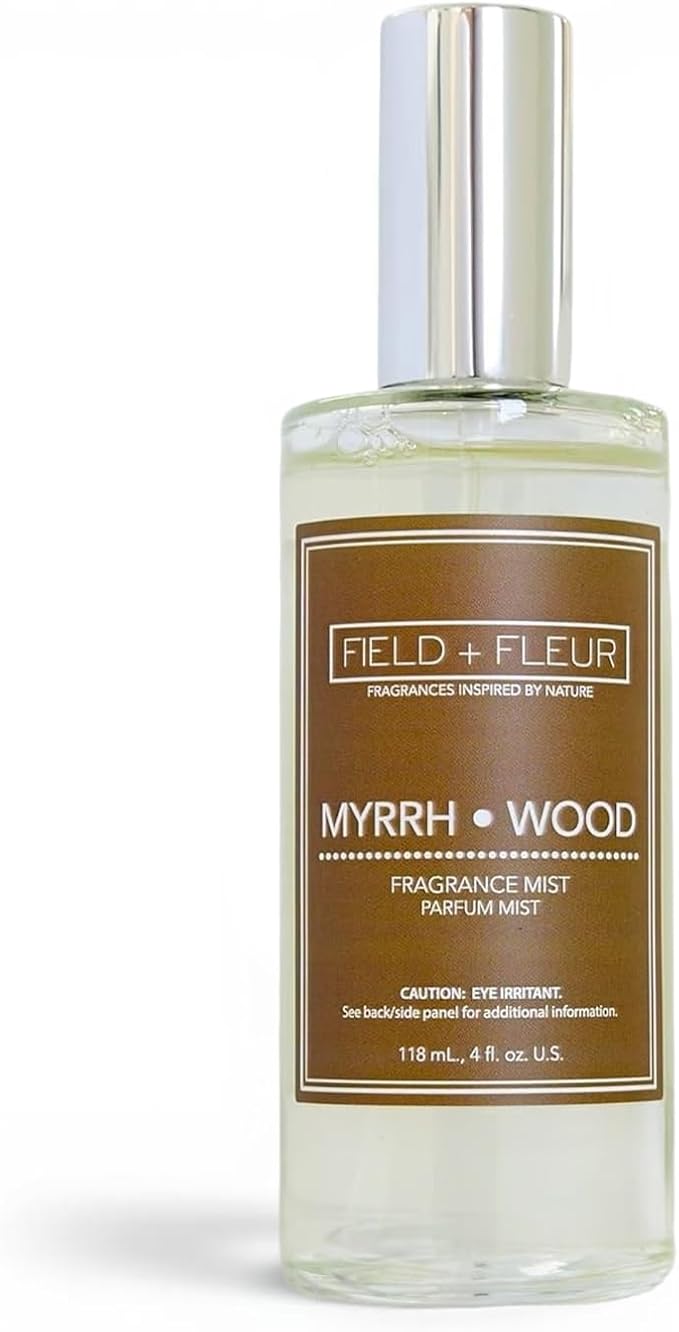 FIELD FLEUR Natural Room and Linen Spray, Non-Toxic Fragrance Mist With With Scents of Earthy Patchouli, warm amber & sandalwood – Long-Lasting Room Spray for Home– Made in USA, 4oz – Myrrh Wood