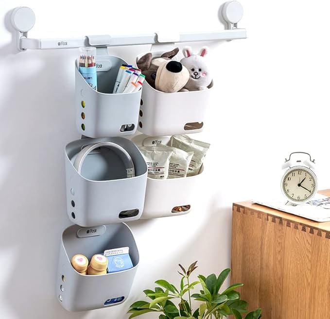 Plastic Hanging Basket Kitchen Storage organizer, Basket with Detachable hook, Hang it behind a door or on a railing, Over the Cabinet Door (Grey, Large-2 Pack)