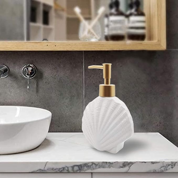 Shell-Shaped Soap Dispenser White Ceramic Lotion Bottle with Golden Matte Pump Home Décor for Bathroom Kitchen