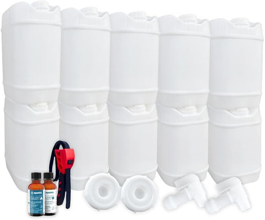 5-Gallon Stackable Water Storage Containers, Water Treatment,5 Gallons w/14 Lids + 4 Spigot, Easy Fill, Survial Supply Emergency Water Storage for Disaster Preparedness, 50 Gallon (10 Tanks)