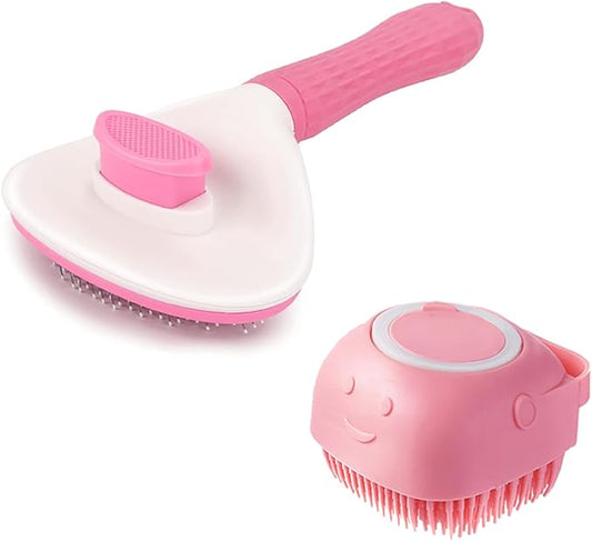 2 Piece Pink Dog Bath Supplies with Dog Brush and Shampoo Brush