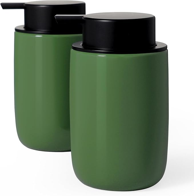 INGOFIN Ceramic Lotion Soap Dispenser Set, 2 Pack (12 oz) Bathroom Hand Soap Dispenser with Pump, Liquid Hand and Dish Soap Dispenser Set, 4 Pcs Clear Stickers, for Kitchen, Bathroom-Olive Green