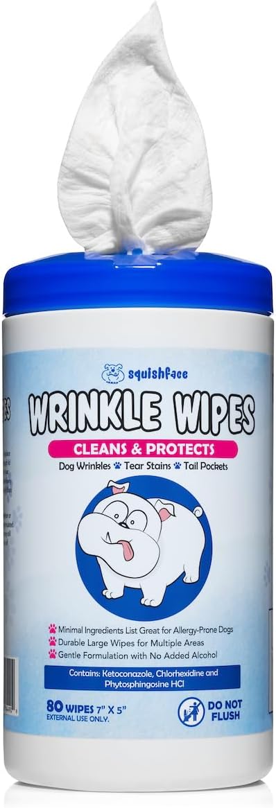 Squishface Wrinkle Wipes – 5”x7” Large Dog Wipes - Deodorizing, Tear Stain Remover – Great for English Bulldog, Pugs, Frenchie, Bulldogs, French Bulldogs & Any Breed! (80 Count)