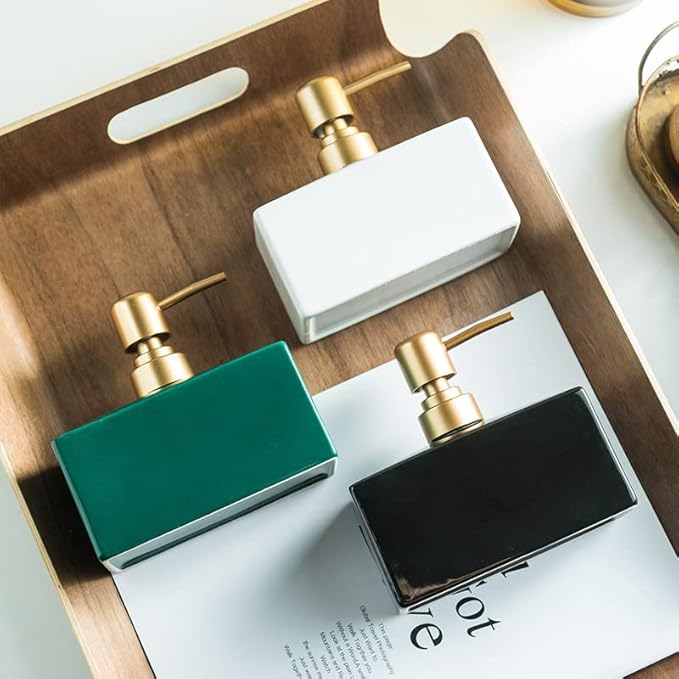 Modern Soap Dispenser with Matte Golden Pump for Bathroom, 13.5 oz Ceramic Rectangle Lotion Dispenser, Refillable Dish Soap Dispenser (Dark Green)