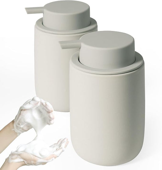 INGOFIN Ceramic Foaming Soap Dispenser Set, 2 Pack (12 oz) Bathroom Foam Hand Soap Dispenser with Pump, Hand and Dish Dispenser Set with 8 Pcs Clear Stickers,for Kitchen- Grey