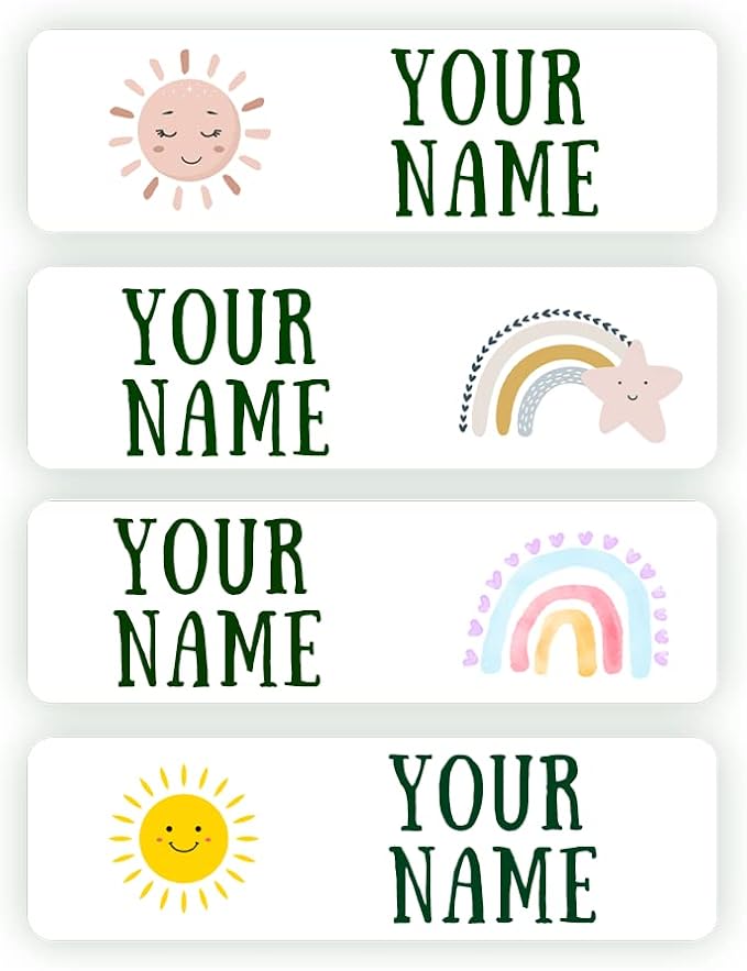 128 Custom Waterproof Dishwasher Safe Kid Name Labels for Daycare, School Supply, Baby Bottles, Lunch Boxes and Cups, Travel. Cute Personalized Design Name Stickers (Pattern 10)