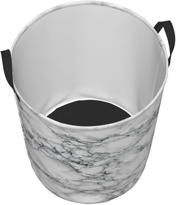 Black And White Marble Laundry Hamper Bag With Waterproof Liner - Round Laundry Basket Foldable Clothes Storage Organizer For Bathroom Bedroom Nursery Dorm, M-19.6"X 15.7"