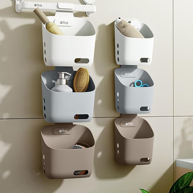 Plastic Hanging Basket Kitchen Storage organizer, Basket with Detachable hook, Hang it behind a door or on a railing, Over the Cabinet Door (Light White, Large)2pack