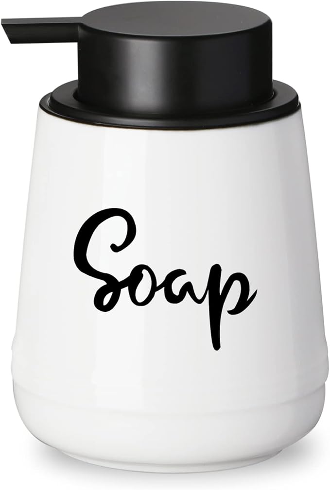 LEETOYI Bathroom Countertop Dispensers Modern Ceramic Soap Lotion Dispenser Bottles, Hand Soap Dispenser for Bathroom, Dish Soap Dispenser for Kitchen, Easy to Press Pump (White, Labeled Soap)