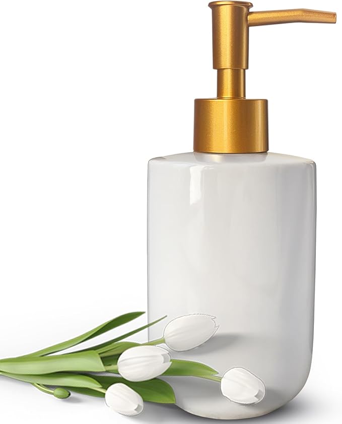 White Liquid Soap Dispenser with Golden Pump for Bathroom,Kitchen Refillable Dispenser,Countertop Lotion Ceramics Hand Dispenser 420ml (Cylindrical White Bottle)