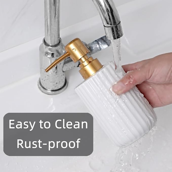 Chic Cylinder-Shaped Soap Dispenser, Vertical Stripe Design with Gold Pump, Ceramic Lotion Dispenser(Pink)