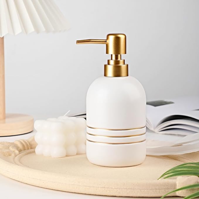 Elegant Cylinder-Shaped Soap Dispenser, Matte Ceramic Bottle Designed with Simple Golden Lines(White)