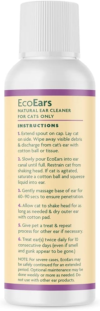 Vet Organics EcoEars Cat Ear Cleaner. Natural Multi-Action Formula. for Itch, Head Shaking, Discharge & Smell. Naturally Cleanses Away Common Problems. 100% Guaranteed (4 oz)