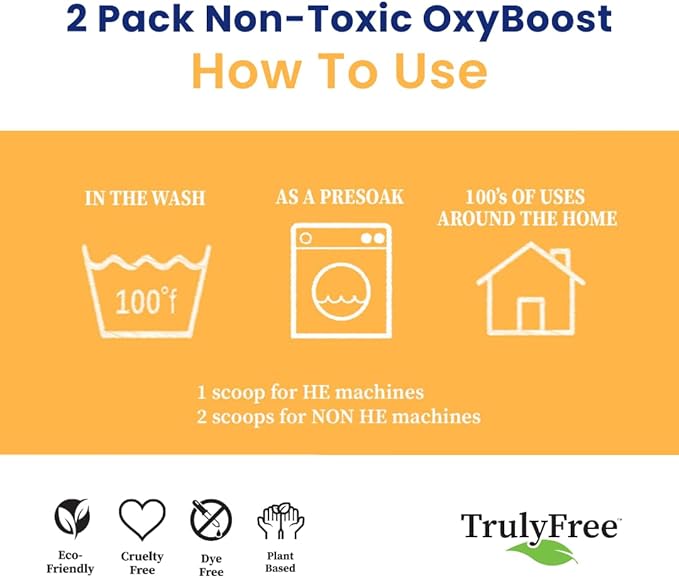 Truly Free OxyBoost - Oxygen Whitener & Clothes Stain Remover Laundry Detergent Powder with Sodium Percarbonate - Brightens Whites & Safe for Colors - Non-Chlorine, Gentle Yet Powerful - Pack of 2