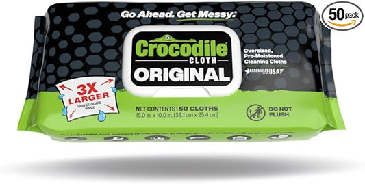 Crocodile Cloth Original Cleaning Wipes – 50 (15” x 10”) Hand & Tool Industrial Cleaning Wipes – Large Multi-Surface Cleaning Cloths, Water-Based Solution with Extreme Cleaning Power — Safe on Skin