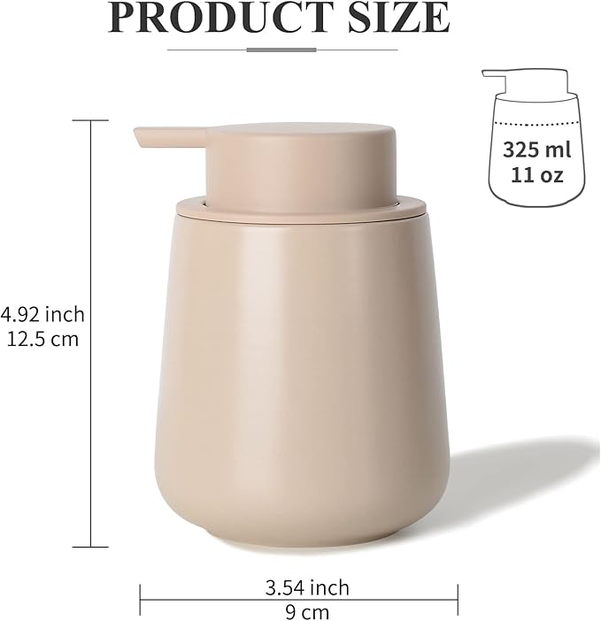 BosilunLife Hand Soap Dispenser - Ceramic Dish Soap Dispenser for Bathroom 12ounce Refillable Liquid Hand Wash Dispenser for Essential Oil, Lotion Soap, Khaki