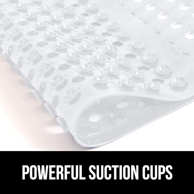 GORILLA GRIP Patented Bath Tub Shower Mat, Machine Washable Bathtub Floor Liner Mats, Suction Cups and Drain Holes to Keep Tubs Clean, Soft on Feet, Bathroom Essentials, 35x16 Inch, White