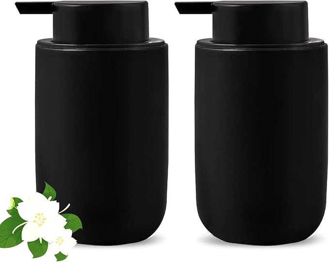 Black Soap Dispenser Set- Modern Ceramic Hand Dish Soap Dispenser for Bathroom Refillable Liquid Lotion Soap for Farmhouse Kitchen Decor Dish 2 Pack