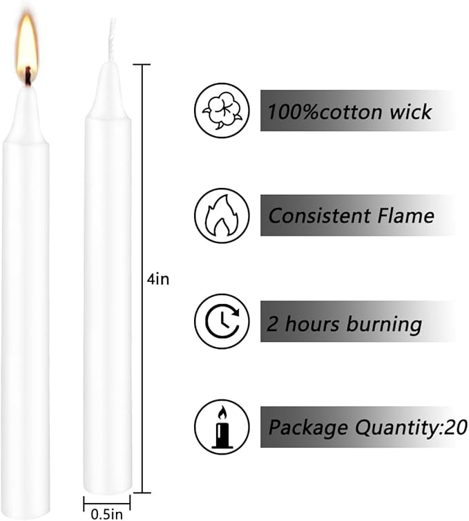 Set of 20 White Spell & Chime – Premium Mini Taper Candles for Rituals, Prayer, Birthdays, Meditation, Altar - 4 Inch Tall, Unscented (White)
