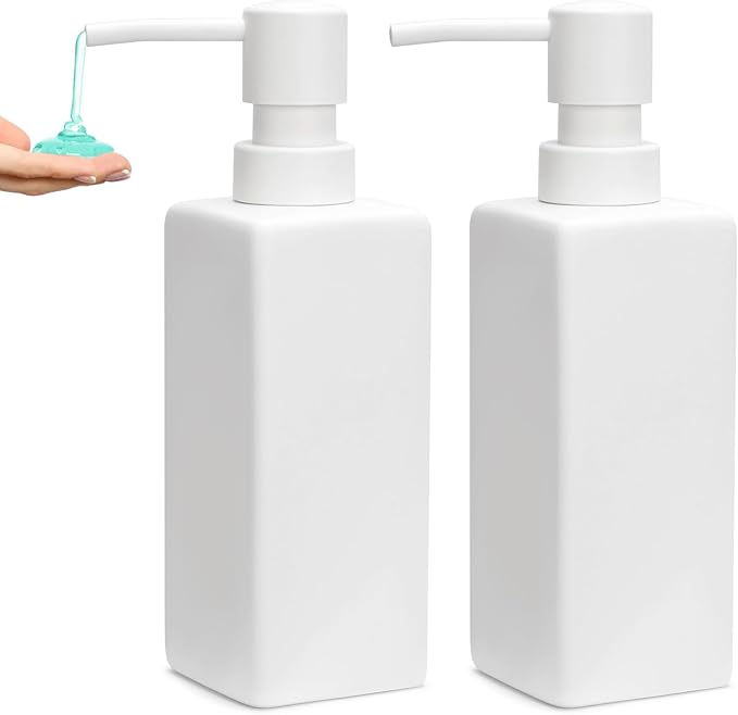 Ceramic 2Pcs White Soap Dispenser with Rust-Proof Plastic Pump for Bathroom 10oz Liquid Hand Soap Dispenser for Kitchen