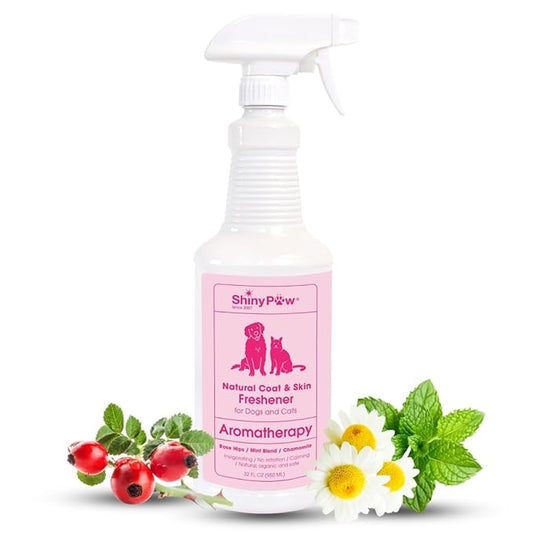 Dog Grooming Spray | Rose Hip, Chamomile & Mint Coat & Skin Freshener 32 oz by Shiny Paw | Dog Odor Spray | Made in the USA