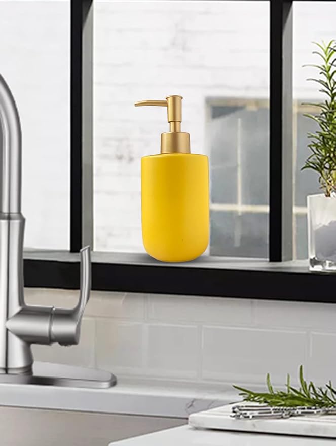 Liquid Soap Dispenser for Bathroom with Gold Pump，Dish Soap Dispenser for Kitchen,Refillable Countertop Lotion Ceramics Yellow Hand Soap Dispenser for Shower 420ml (Cylindrical Yellow Bottle)