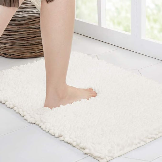 Walensee Bathroom Rug Non Slip Bath Mat (24x17 Inch Ivory) Water Absorbent Super Soft Shaggy Chenille Machine Washable Dry Extra Thick Perfect Absorbant Best Small Plush Carpet for Shower Floor