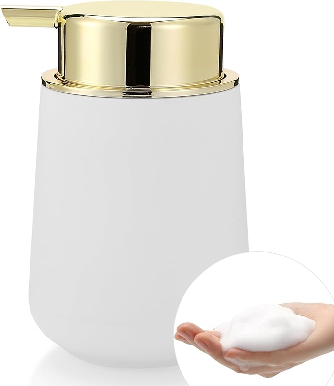 Matte White and Gold Foaming Hand Soap Dispenser Plastic 11 oz - Modern Luxury Style for Bathroom & Kitchen Countertop Refillable