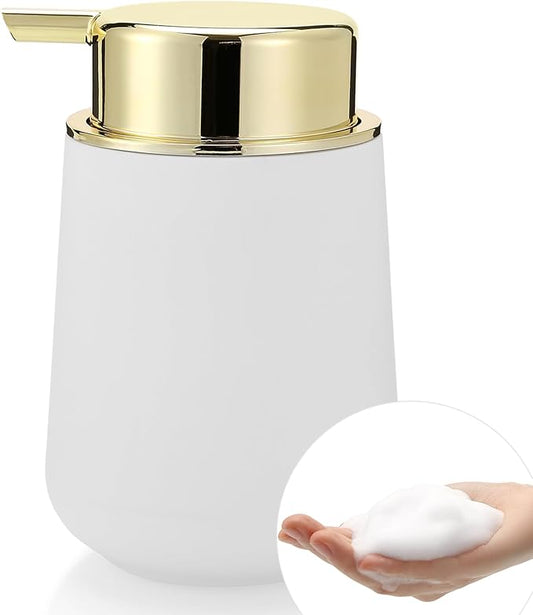Matte White and Gold Foaming Hand Soap Dispenser Plastic 11 oz - Modern Luxury Style for Bathroom & Kitchen Countertop Refillable