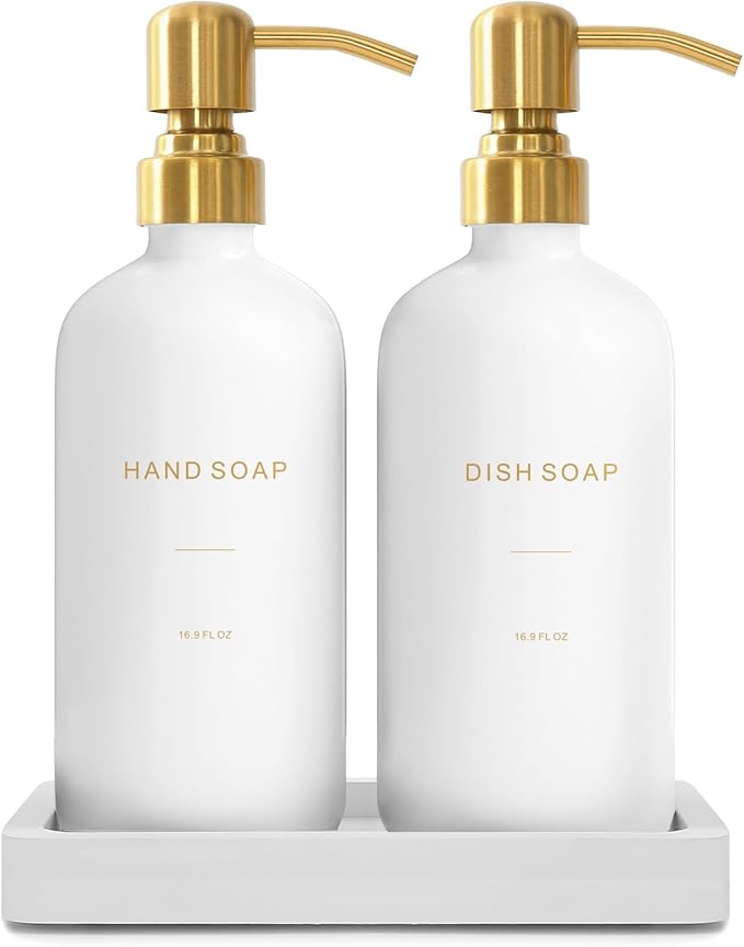 Gold Soap Dispenser Set, Glass Soap Dispenser with Stainless Steel Pump, Perfect for Modern Kitchen Counter Decor. (Gold)