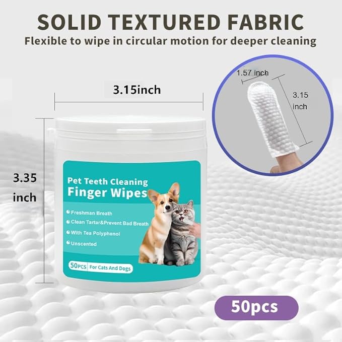 Pet Teeth Cleaning Finger Wipes, Dog Cat Dental Wipes, Unscented, with Tea Polyphenol,No-Rinse Dog Finger Toothbrush, Clean Tartar & Prevent Bad Breath, 50pcs