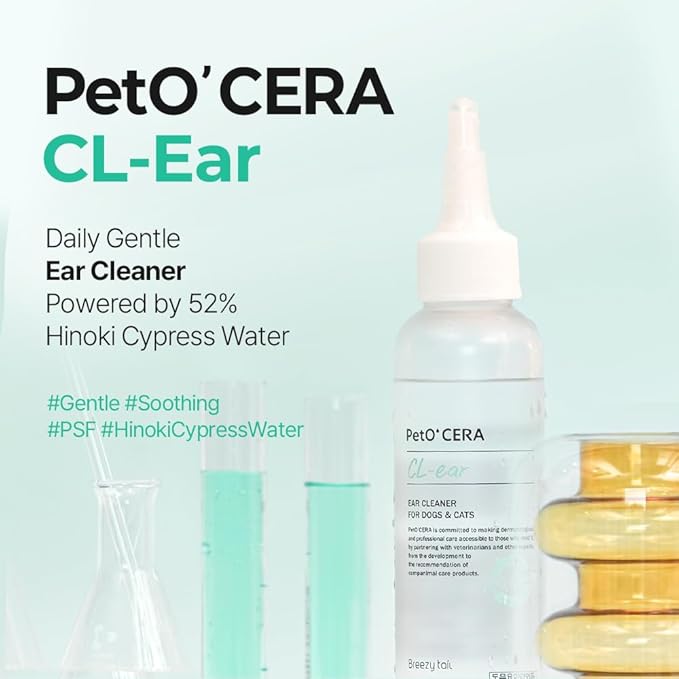 PetO’Cera CL’Ear Ear Cleaner for Dogs & Cats with 52% Hinoki Cypress Water, Cica & Heartleaf Extract, Soothes Itching, Removes Debris, Odor, Alcohol-Free, Fragrance-Free, Hypoallergenic, 4 fl oz