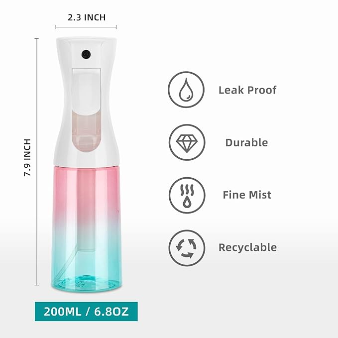 Continuous Mist Spray Bottle for Hair, Face & Plants (6.8oz/200ml) - Ultra Fine Travel-Size Water Mister for Salons, Cleaning, Pets & Skincare Leakproof Design