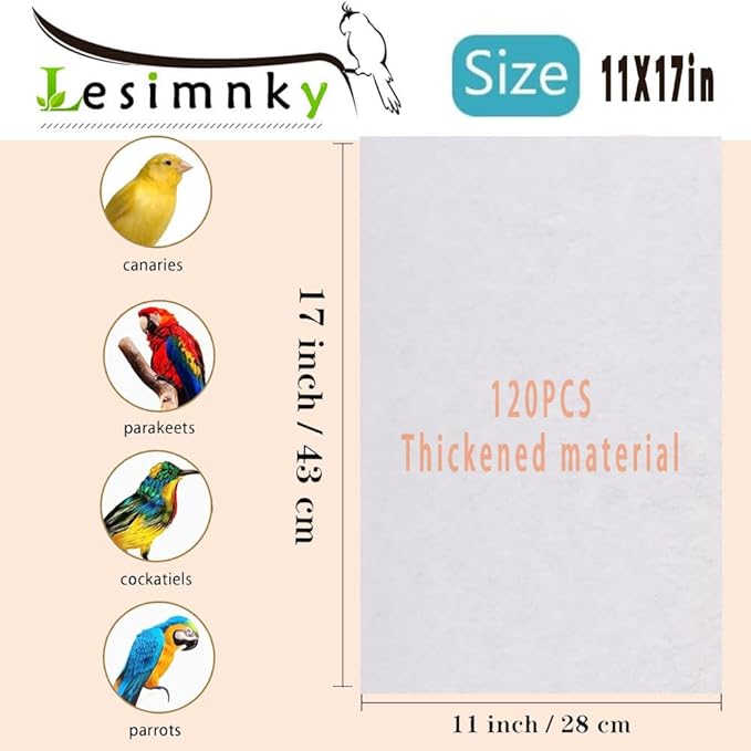 120 Pieces Bird Cage Liners-11'' X 17''Disposable Non-Woven Bird Cage Paper Liners Precut Absorbent Fecal Tray Cages Cushion Pad Mat Cuttable Pet Animal Cages Cushion for Parrot (White)