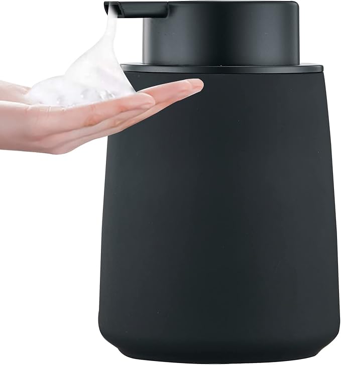 Black Foam Hand Soap Dispenser - 12Oz Ceramic Foaming Soap Dispenser with Easy-to-Press Black Pump, Reusable and Refillable Liquid Lotion Dish Soap Dispensers for Bathroom, Kitchen (Rubber Paint)