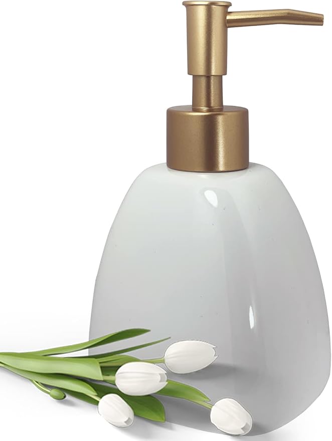 Liquid Soap Dispenser for Bathroom with Gold Pump，Dish Soap Dispenser for Kitchen，Refillable Countertop Lotion Ceramics White Hand Soap Dispenser for Shower 430ml (Pyramid White Bottle)