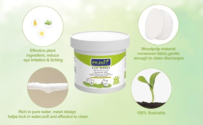 DR.EASY Pet Eye Wipes 120 Ct for Dog Cat Horse & Rabbit Grooming,Tear stain remover,Puppy Kitty eye wash,Remove dirt crust dried mucus discharge secretions, Unscented soft & gentle,Plant Based Formula