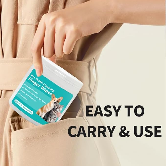 Pet Teeth Cleaning Finger Wipes, Dog Cat Dental Wipes, Unscented, with Tea Polyphenol,No-Rinse Dog Finger Toothbrush, Clean Tartar & Prevent Bad Breath, 50pcs