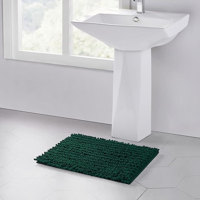 Walensee Bathroom Rug Non Slip Bath Mat (24x17 Inch Hunter Green) Water Absorbent Super Soft Shaggy Chenille Machine Washable Dry Extra Thick Perfect Absorbant Best Small Plush Carpet For Shower Floor